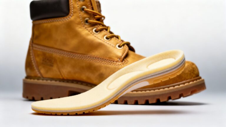 Memory foam insole placed inside a sturdy work boot for added comfort and support