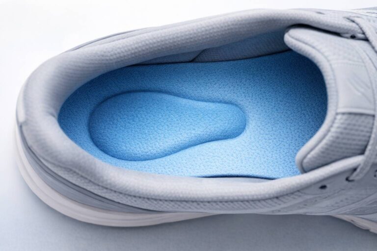 Heel section inside athletic shoe showing memory foam insole with focused heel cushioning