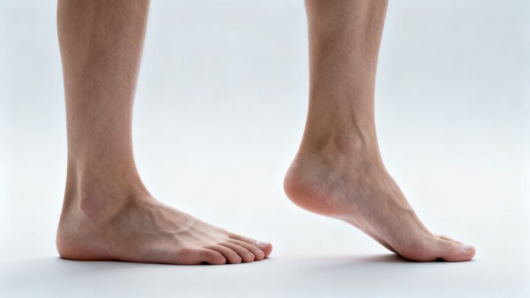Close-up comparison of flat foot arch and inward ankle rolling showing structural difference between flat feet and overpronation