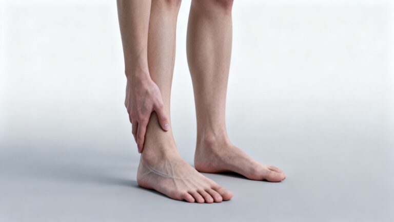 person standing barefoot with flat feet and subtle heel discomfort illustrating connection between flat feet and plantar fasciitis