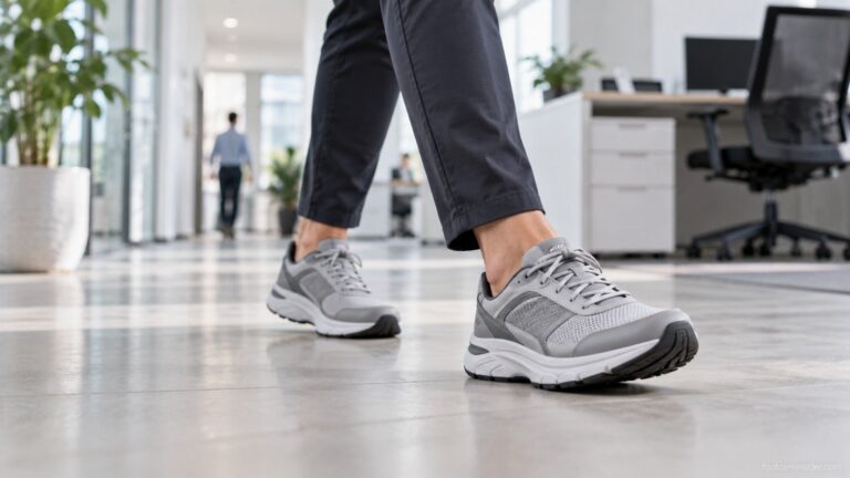 Adult walking in supportive structured shoes on a hard indoor floor.