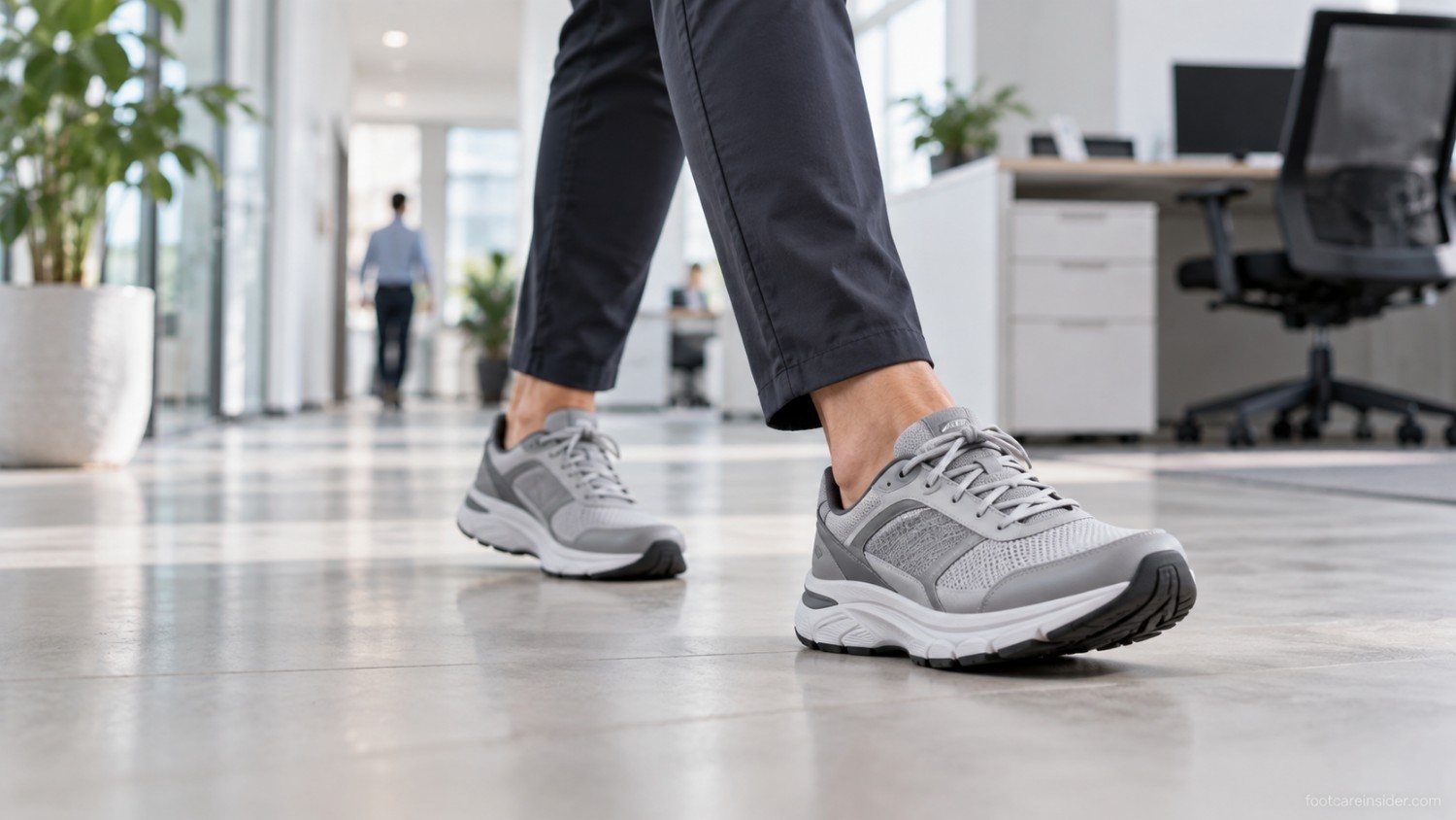Adult walking in supportive structured shoes on a hard indoor floor.