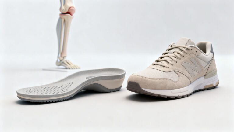 Orthotic insoles beside athletic shoes with anatomical lower leg model showing natural foot-to-knee alignment for knee pain support