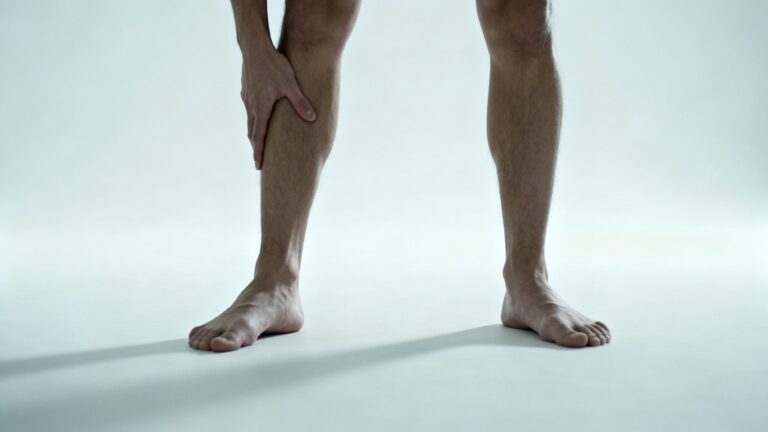 person standing barefoot with flat feet alignment and touching shin illustrating connection between flat feet and shin splints
