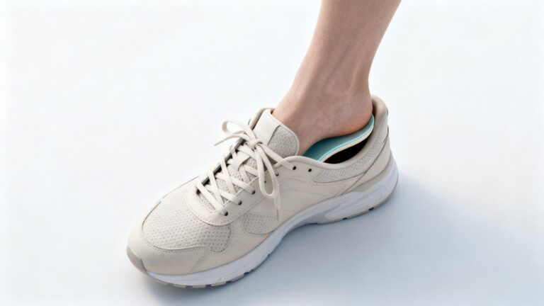 Foot resting naturally inside a neutral athletic shoe with the supportive insole slightly visible, illustrating everyday arch support and comfortable insole use.