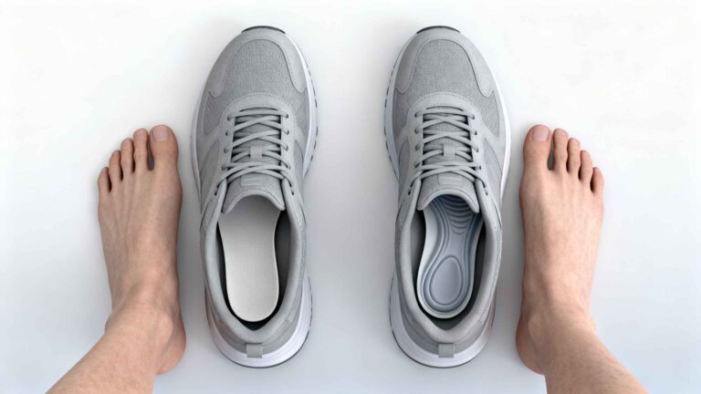 Side-by-side comparison of a standard shoe insole and a structured custom orthotic supporting natural human feet in a clean clinical setting.