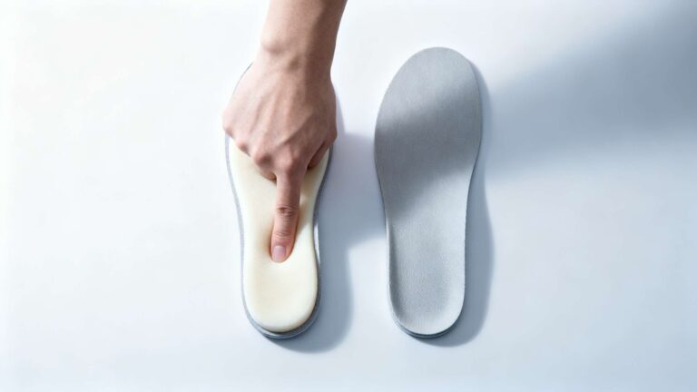 Side-by-side comparison of soft and firm insoles showing cushioning versus structured support under pressure