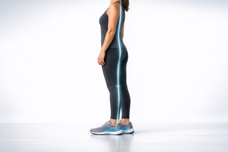 Woman standing in athletic shoes with visible insoles, showing improved posture and body alignment from feet to spine