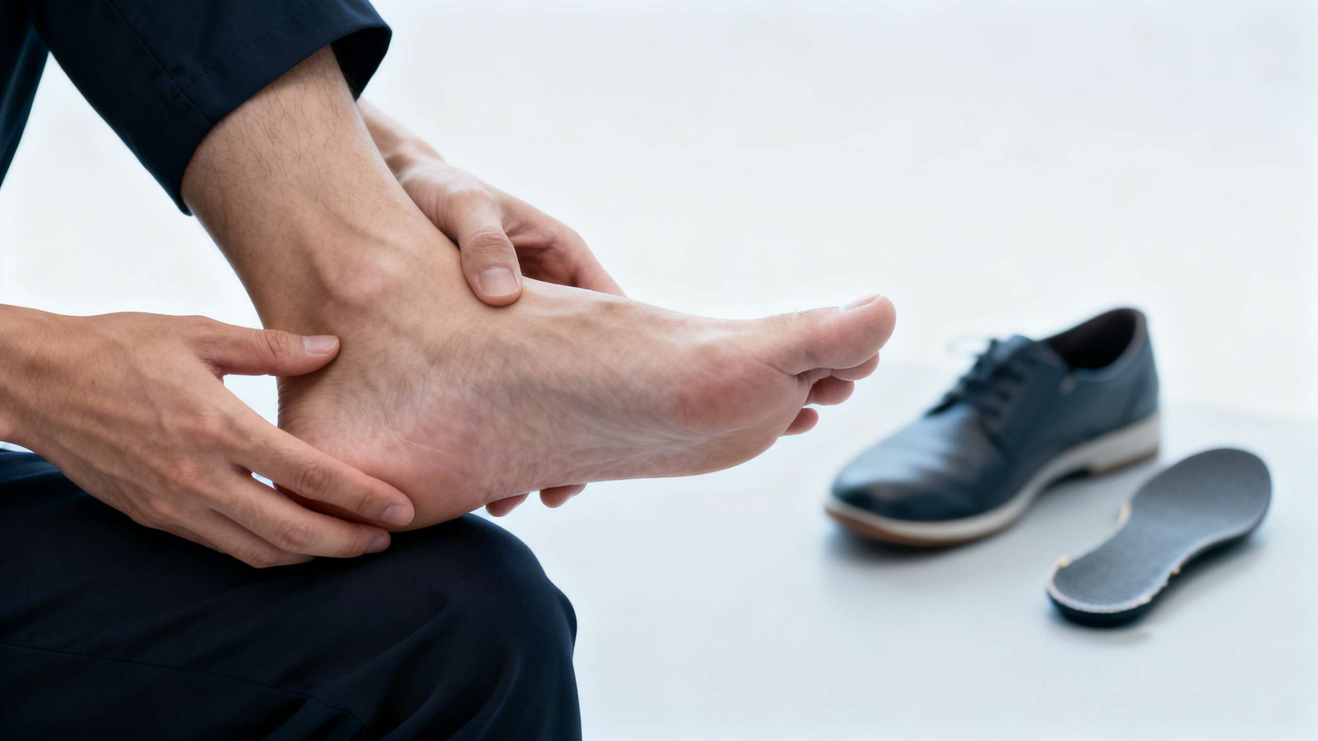 Person examining foot discomfort while comparing shoe insole in a clean, clinical setting