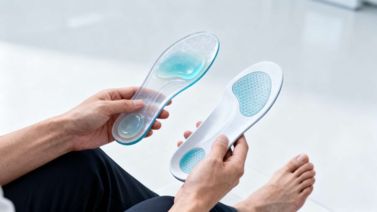 Person comparing gel and orthotic insoles while examining their foot in a clean, clinical setting