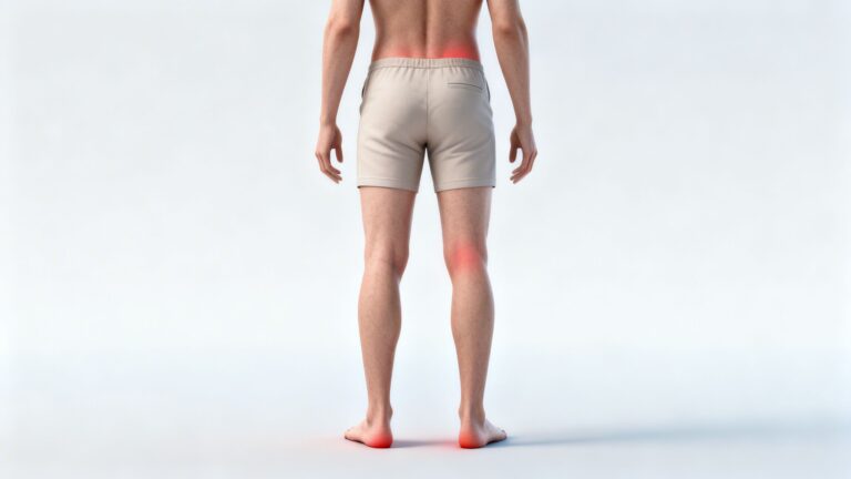 Clinically styled illustration showing how flat feet affect overall posture and lower‑back alignment, presented with accurate anatomy and a calm, professional look.