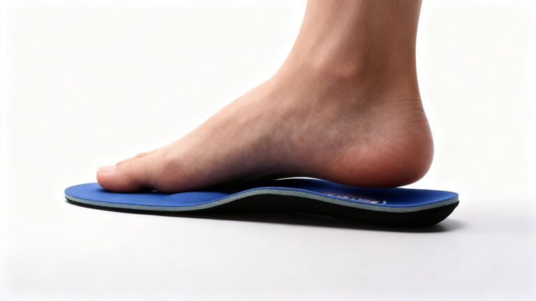 Adult foot wearing a supportive insole showing natural arch alignment and flat foot structure