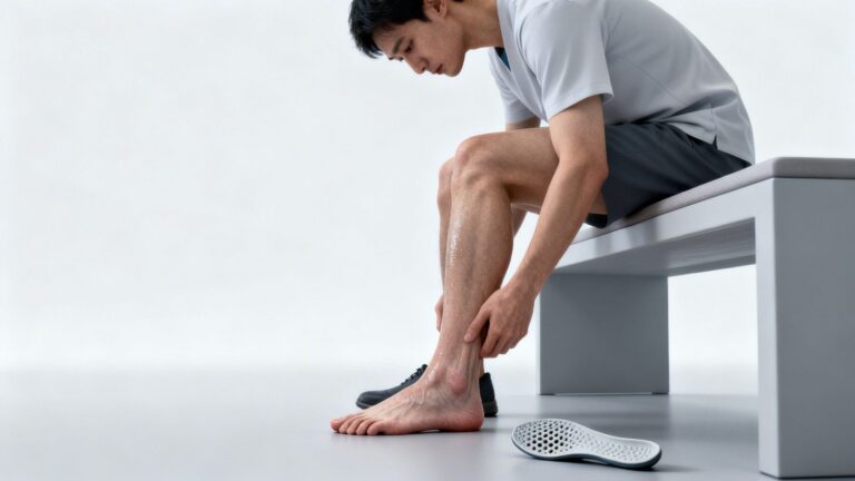 person removing shoe with breathable insole beside damp foot in clean medical setting illustrating sweaty feet solution