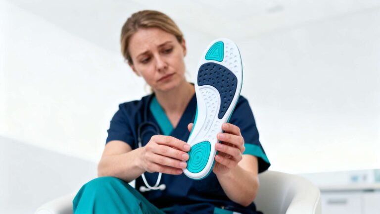 Nurse examining a supportive insole after a long hospital shift, representing foot comfort solutions for healthcare workers.