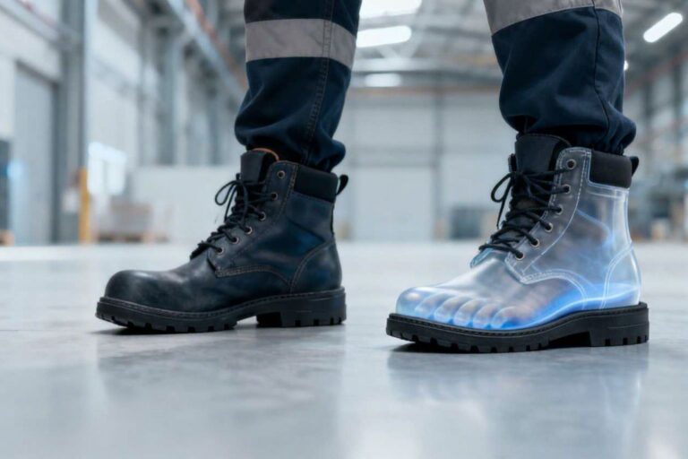 Warehouse worker wearing safety boots, with one boot shown transparent to reveal a blue supportive insole. Standing on a hard industrial floor to illustrate foot support, cushioning, and comfort during long shifts.