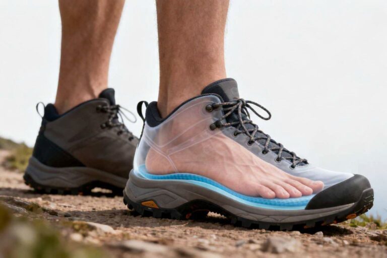 Hiker wearing hiking boots with one boot shown semi-transparent to reveal a natural human foot resting on a supportive insole, illustrating arch support and cushioning designed to improve comfort and stability during long hikes.