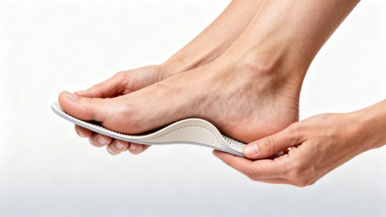 Person examining their bare foot while holding a supportive insole in a clean clinical setting, illustrating how to choose the right insole.