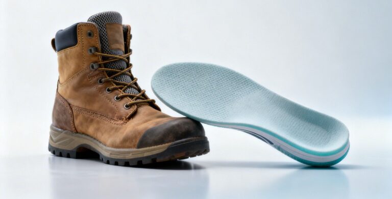 Work boot and running shoe placed side by side with their insoles partially exposed, clearly showing the difference between the structured support of a work boot insole and the flexible cushioning of a running shoe insole.