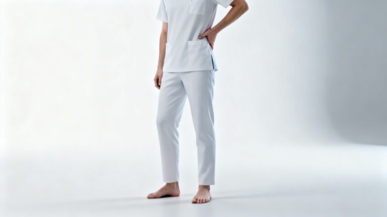 person standing barefoot with slight inward foot alignment and touching hip illustrating connection between flat feet and hip pain