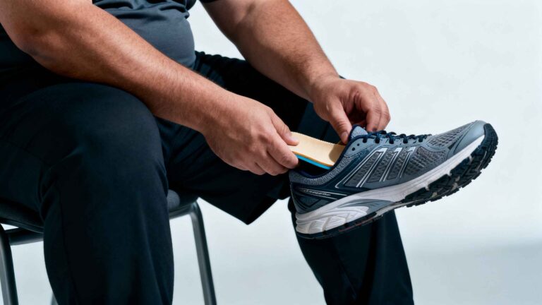Person with a heavier body type adjusting a supportive shoe insole while seated, focusing on foot comfort and support.