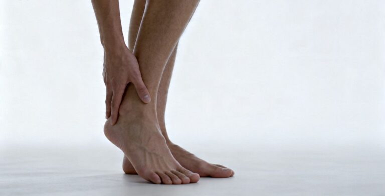 person experiencing flat feet pain while standing with visible arch collapse