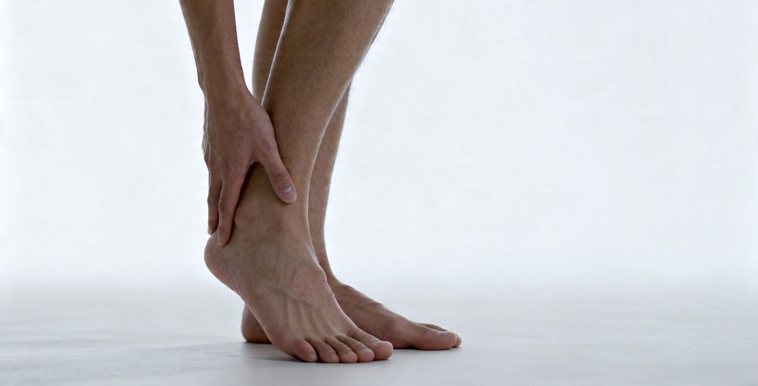 person experiencing flat feet pain while standing with visible arch collapse