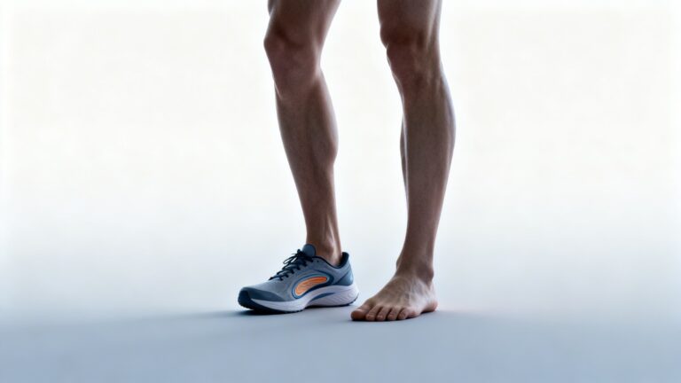 runner with flat feet showing collapsed arches and supportive insole for improved alignment
