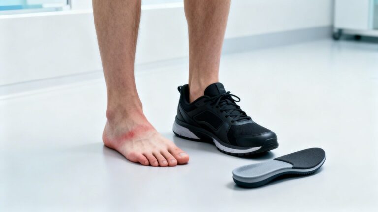 flat feet with collapsed arch after standing all day next to work shoe showing supportive insole for alignment and comfort