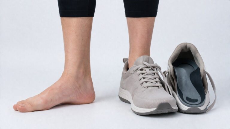 flat feet with collapsed arch next to walking shoe showing supportive insole for alignment and comfort