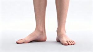 person standing barefoot with flat feet showing collapsed arches and slight inward ankle alignment
