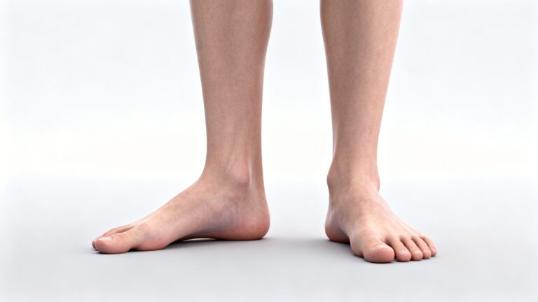 person standing barefoot with flat feet showing collapsed arches and slight inward ankle alignment