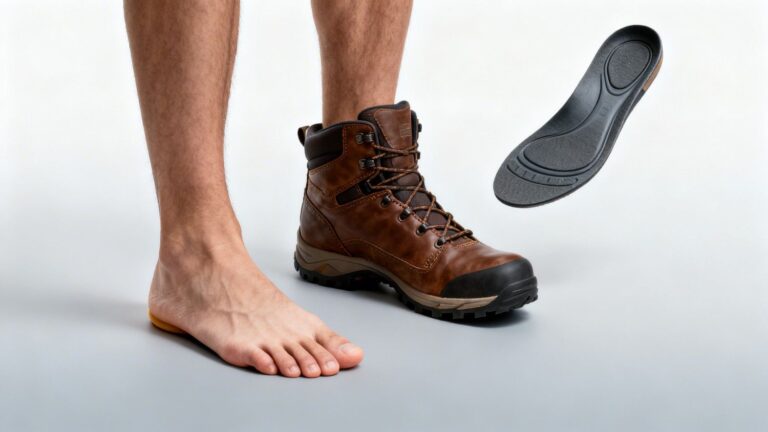 Person showing flat feet with overpronation next to a hiking shoe with a structured insole, demonstrating support for hiking with flat feet