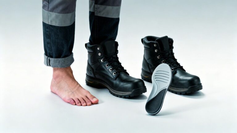 Worker with flat feet and overpronation next to a work boot showing a supportive insole designed for long hours of standing