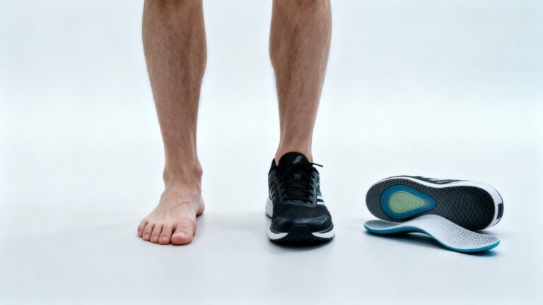 Person showing flat feet and overpronation next to a sneaker with a visible supportive insole in a clean clinical setting.