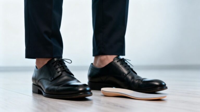 slim orthotic insole inside dress shoe supporting flat feet alignment