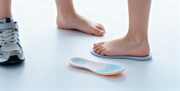flexible insole supporting a child with flat feet inside a sneaker