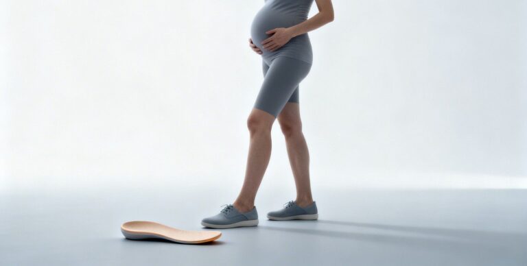 pregnant woman using supportive insole to relieve flat feet discomfort