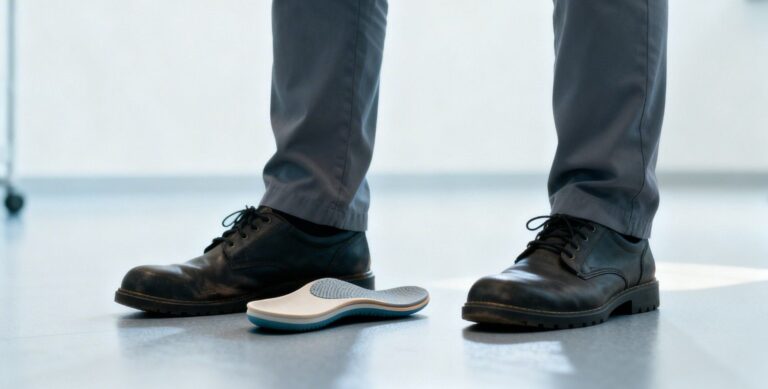 supportive insole inside work shoe reducing flat feet strain during long shifts