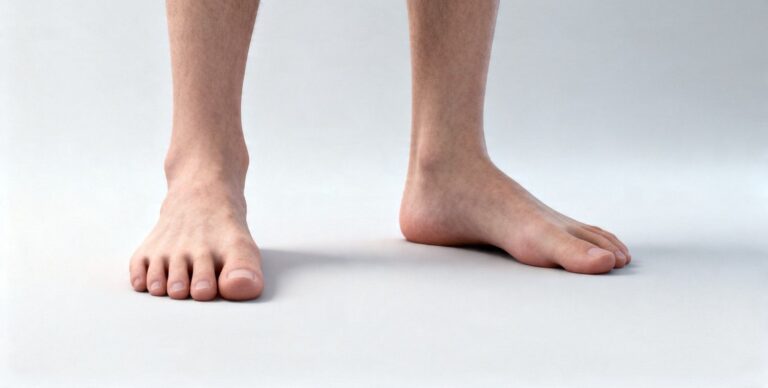 Adult with flat feet standing in a clinical setting showing natural arch collapse and neutral posture