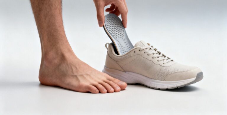 Person placing an arch support insole into a shoe next to a flat foot in a clean clinical setting