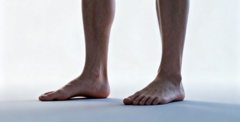 Side-by-side comparison of a flat foot and an overpronating foot in a clean clinical setting