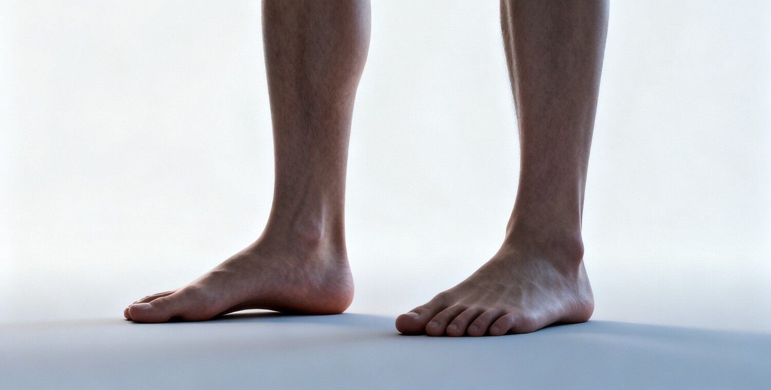 Side-by-side comparison of a flat foot and an overpronating foot in a clean clinical setting