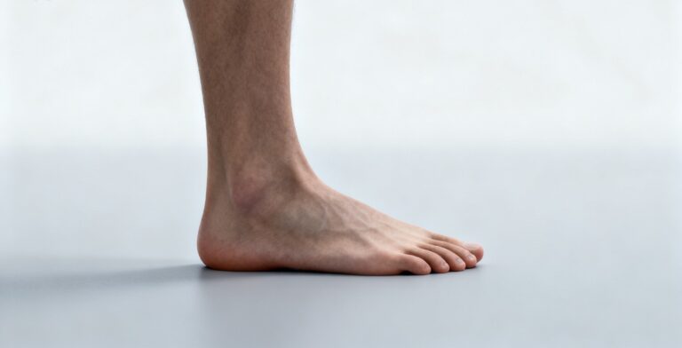 Adult standing barefoot showing natural flat feet and arch collapse in a clinical neutral setting