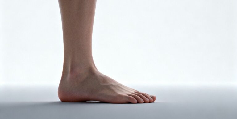 Foot showing natural overpronation with slight inward roll and flattened arch in a clean clinical setting