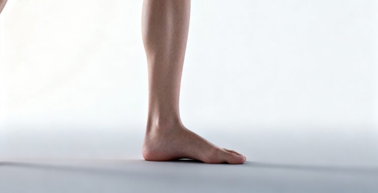 Lower leg and foot showing mild overpronation with subtle inward knee alignment in a clean clinical setting