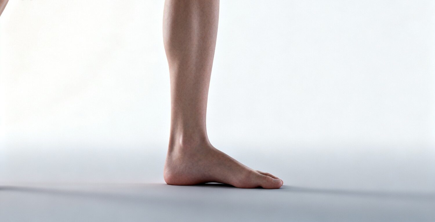 Lower leg and foot showing mild overpronation with subtle inward knee alignment in a clean clinical setting