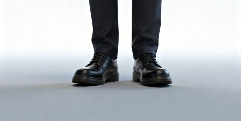 Person standing in work shoes showing subtle overpronation during long hours on hard surface