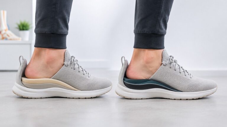 Soft vs firm insoles for flat feet support showing cushioned comfort and structured arch support inside walking shoes.