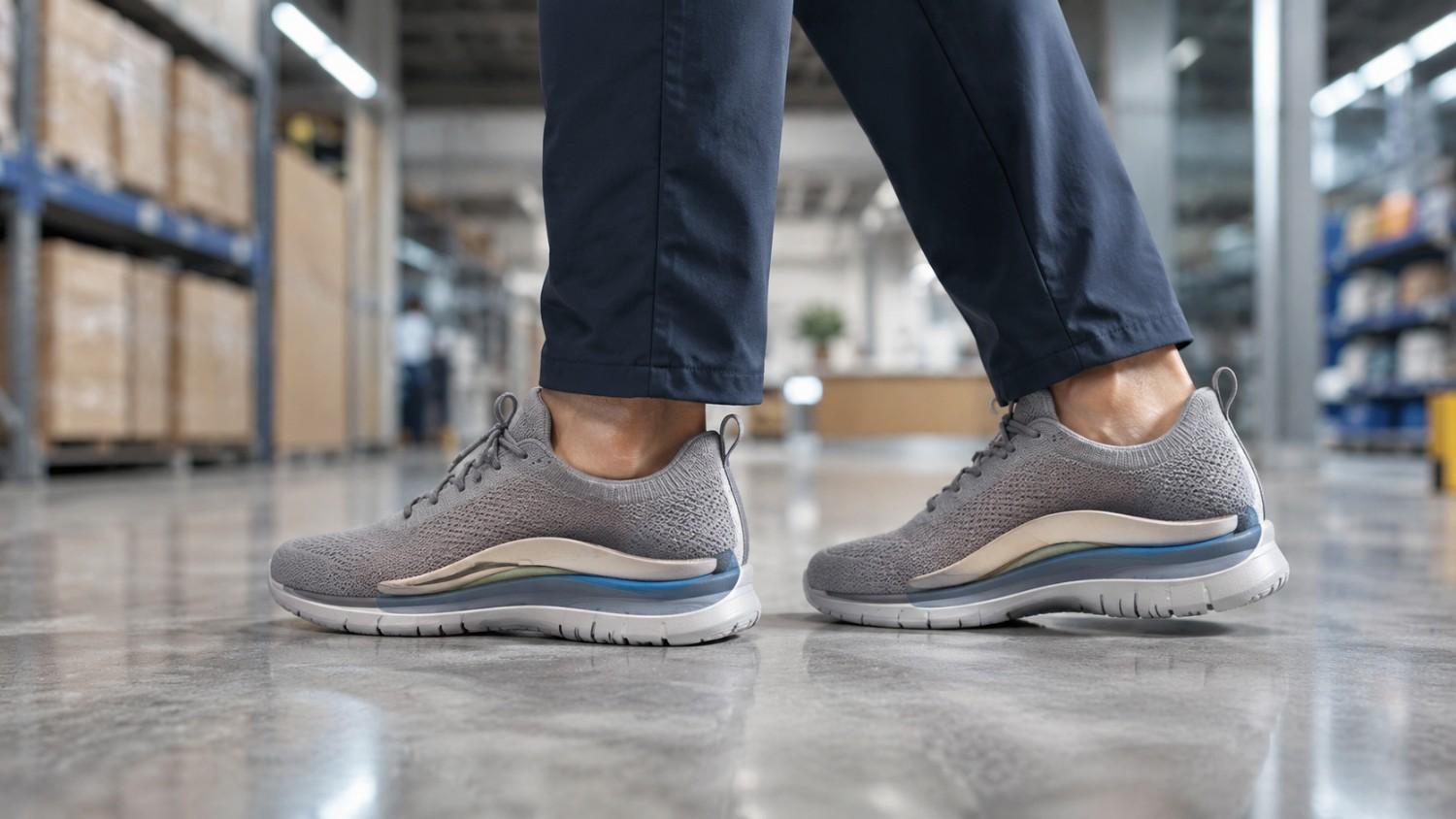 Adult standing on a concrete floor wearing supportive shoes with orthopedic insoles in a professional medical educational setting.