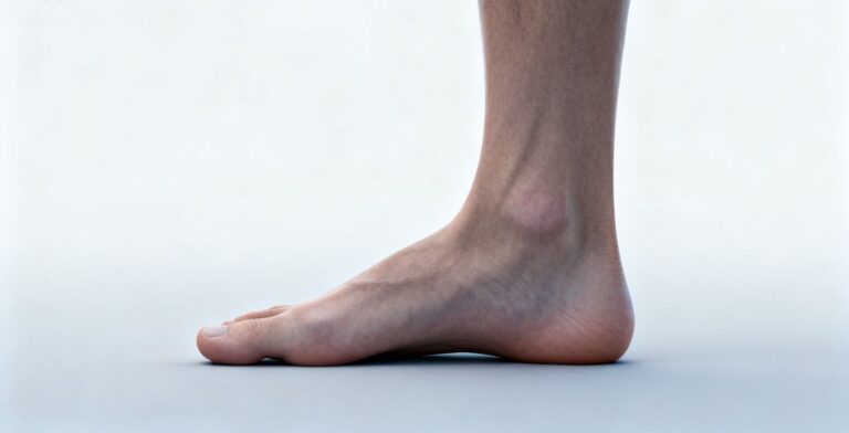 Subtle inward foot roll showing natural overpronation in a clean clinical setting